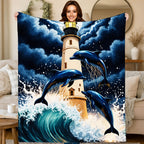 Aonana Lighthouse & Dolphins Print Cozy Flannel Throw Blanket