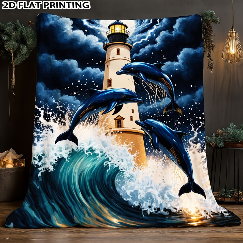 Aonana Lighthouse & Dolphins Print Cozy Flannel Throw Blanket
