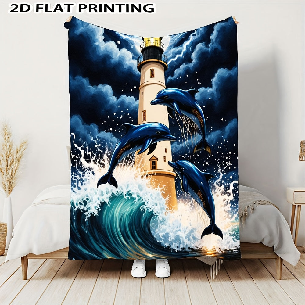 Aonana Lighthouse & Dolphins Print Cozy Flannel Throw Blanket