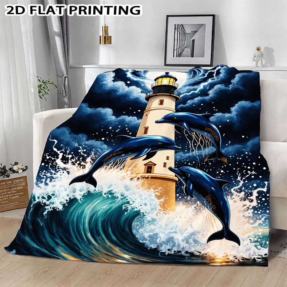 Aonana Lighthouse & Dolphins Print Cozy Flannel Throw Blanket