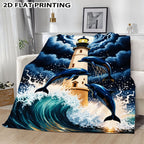 Aonana Lighthouse & Dolphins Print Cozy Flannel Throw Blanket