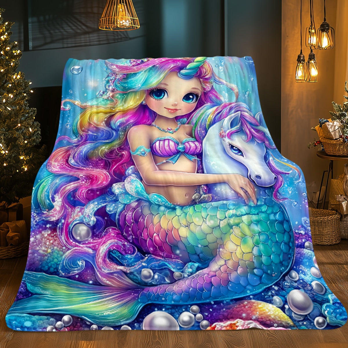 Aonana Mermaid Unicorn Cozy Flannel Throw Blanket
