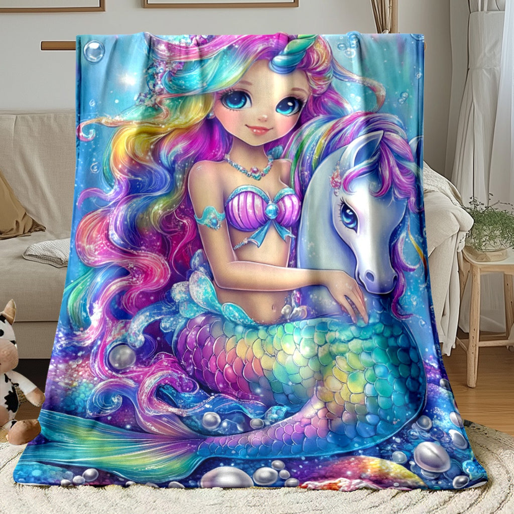 Aonana Mermaid Unicorn Cozy Flannel Throw Blanket