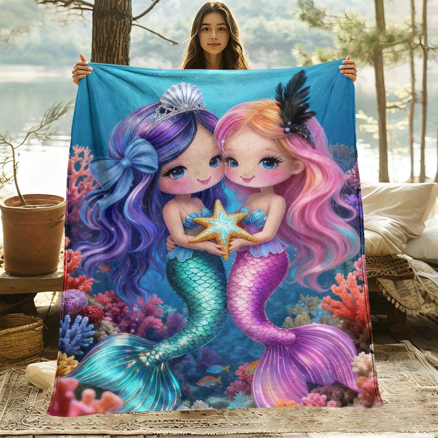 Aonana Mermaid Sisters Cozy Flannel Throw Blanket