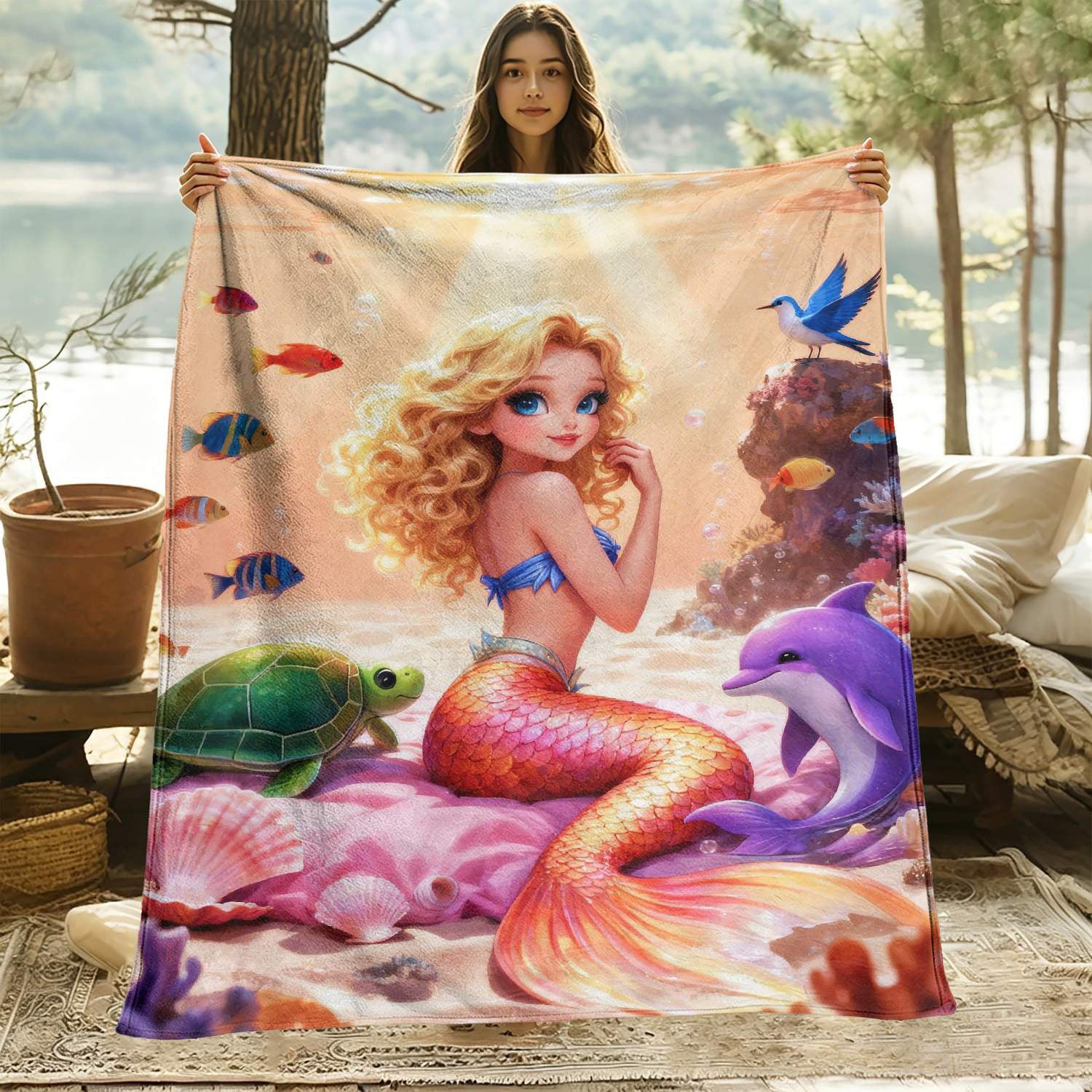 Aonana Coastal Mermaid Cozy Flannel Throw Blanket