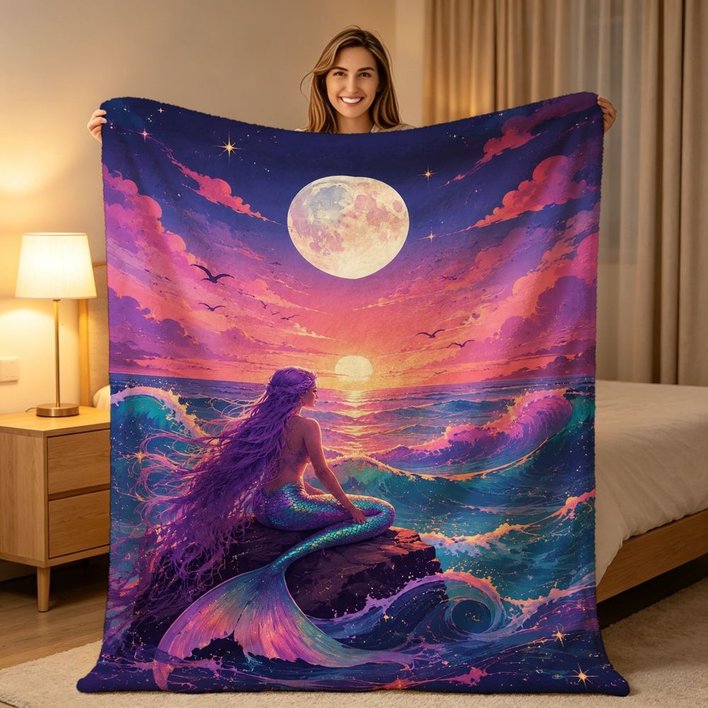 Aonana Moon Gazing Mermaid Cozy Flannel Throw Blanket