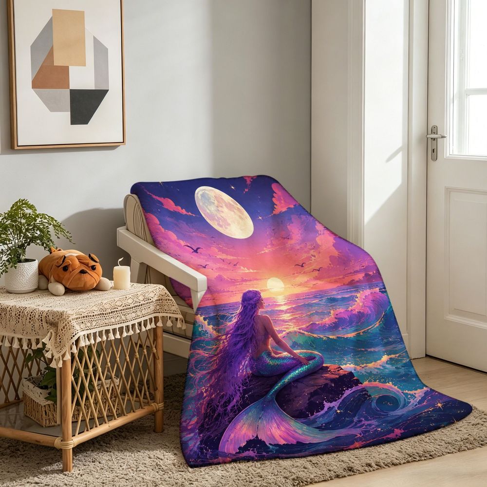 Aonana Moon Gazing Mermaid Cozy Flannel Throw Blanket