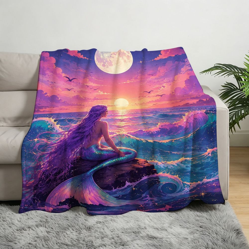Aonana Moon Gazing Mermaid Cozy Flannel Throw Blanket