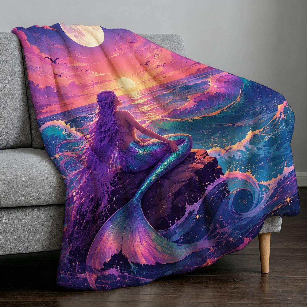 Aonana Moon Gazing Mermaid Cozy Flannel Throw Blanket