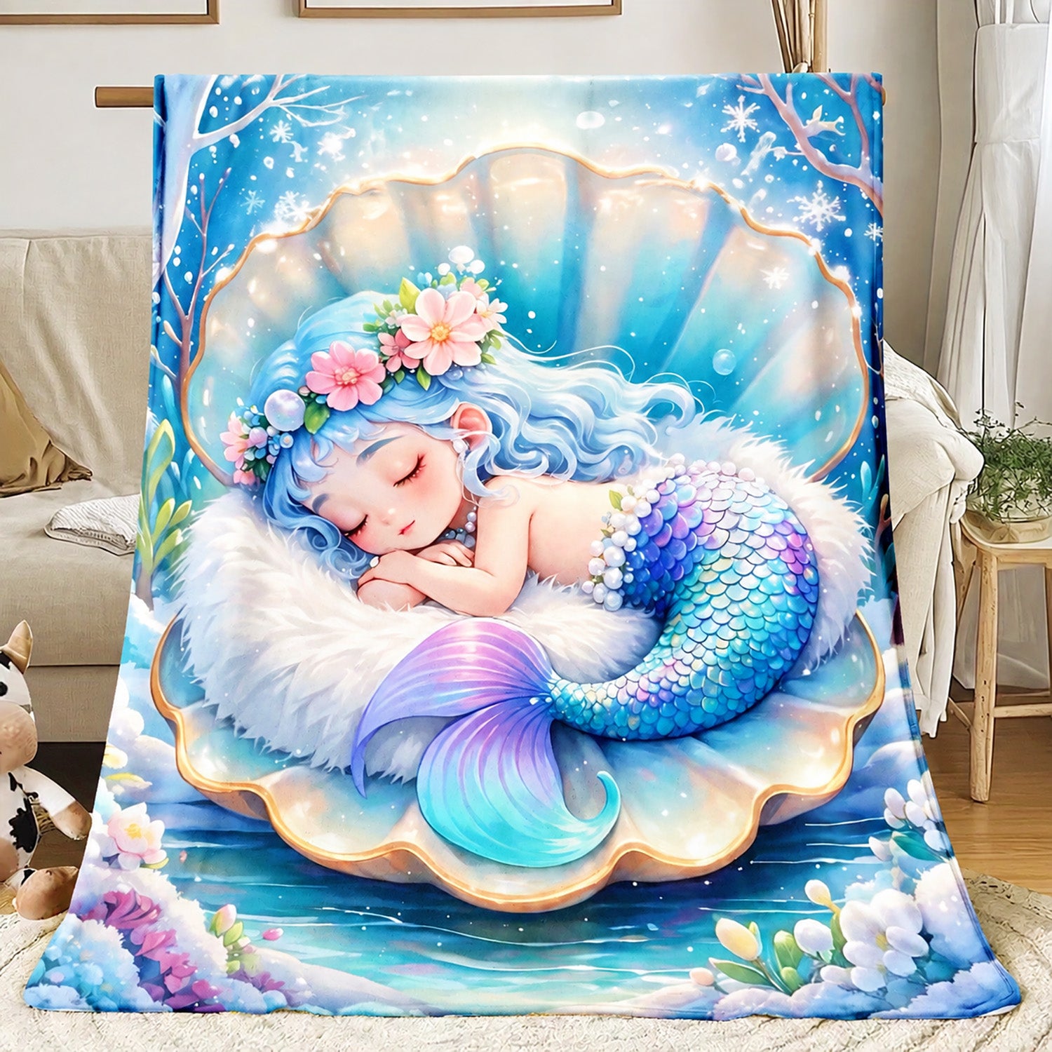 Aonana Cute Sleeping Mermaid Cozy Flannel Throw Blanket