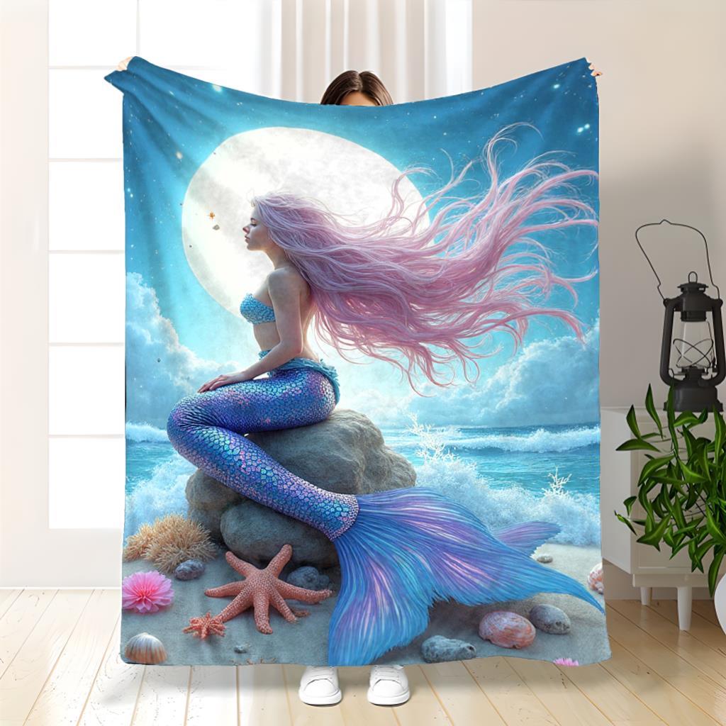 Aonana Mermaid and Moon Print Cozy Flannel Throw Blanket
