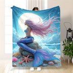Aonana Mermaid and Moon Print Cozy Flannel Throw Blanket