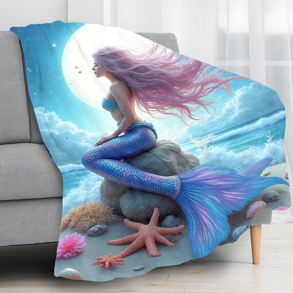 Aonana Mermaid and Moon Print Cozy Flannel Throw Blanket