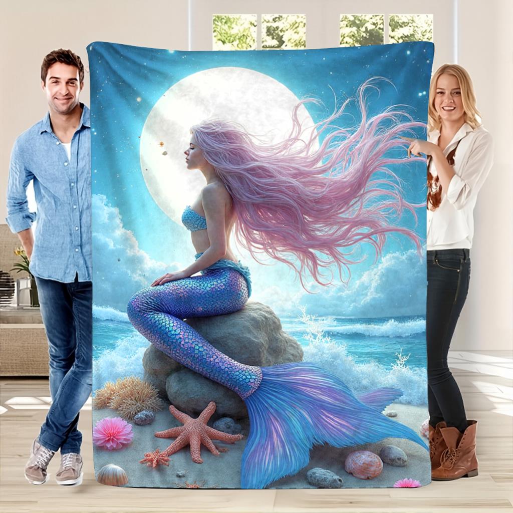 Aonana Mermaid and Moon Print Cozy Flannel Throw Blanket