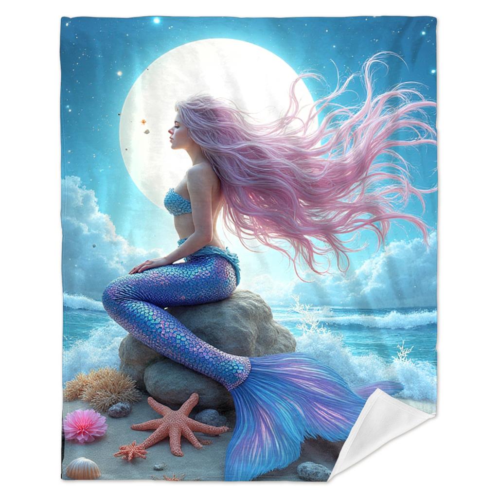 Aonana Mermaid and Moon Print Cozy Flannel Throw Blanket