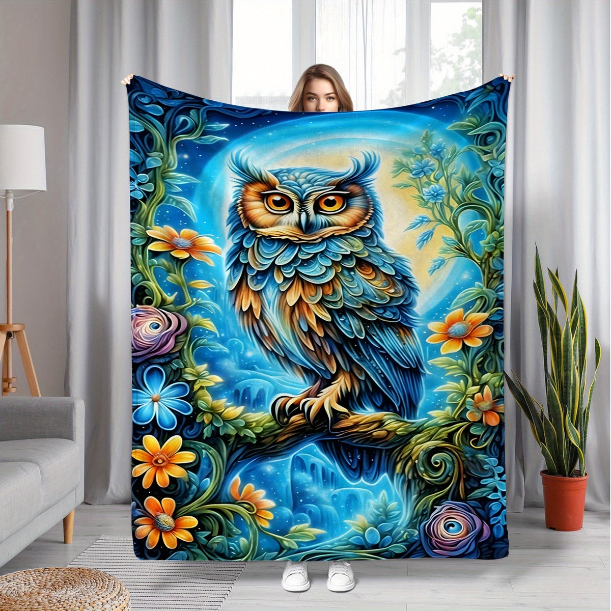 Aonana Colorful Owl Print Cozy Flannel Throw Blanket
