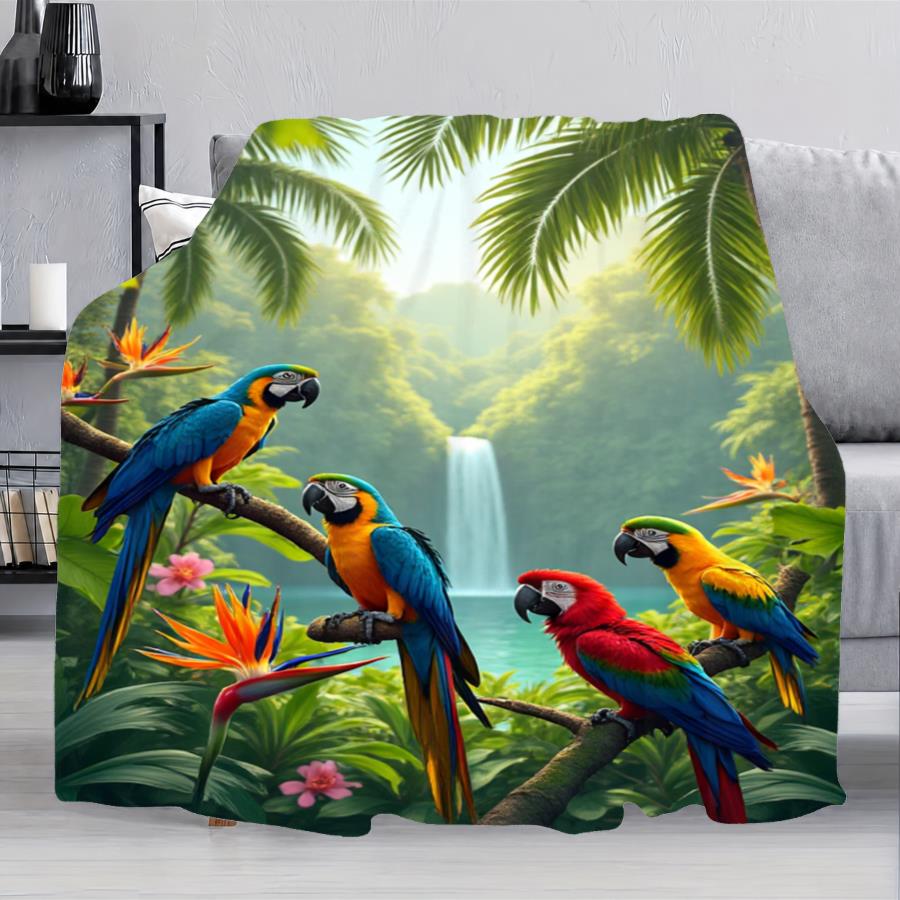 Aonana Tropical Jungle Parrots Print Cozy Flannel Throw Blanket