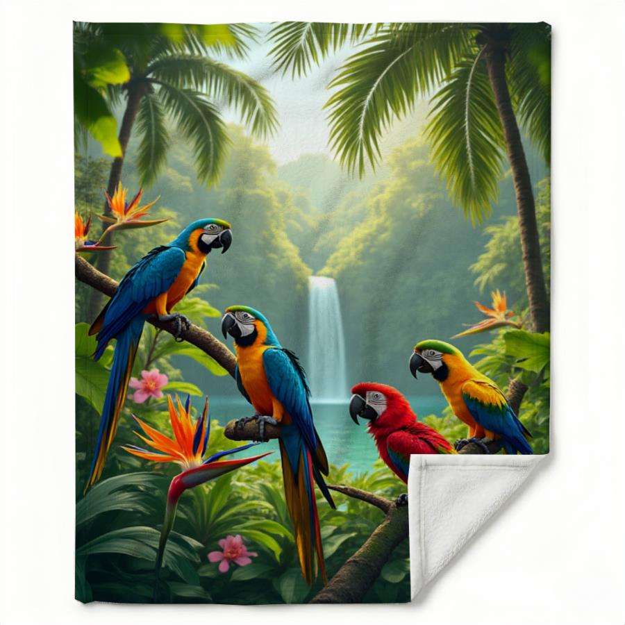 Aonana Tropical Jungle Parrots Print Cozy Flannel Throw Blanket