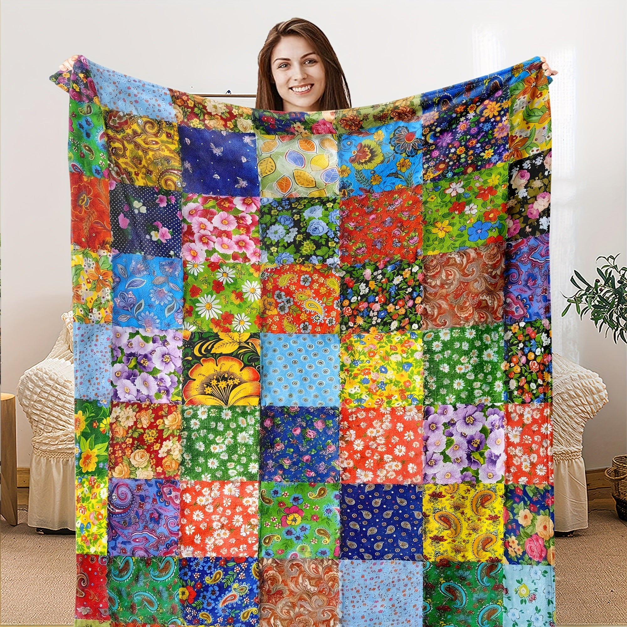 Aonana Secret Garden Vintage Floral Patchwork Flannel Throw Blanket