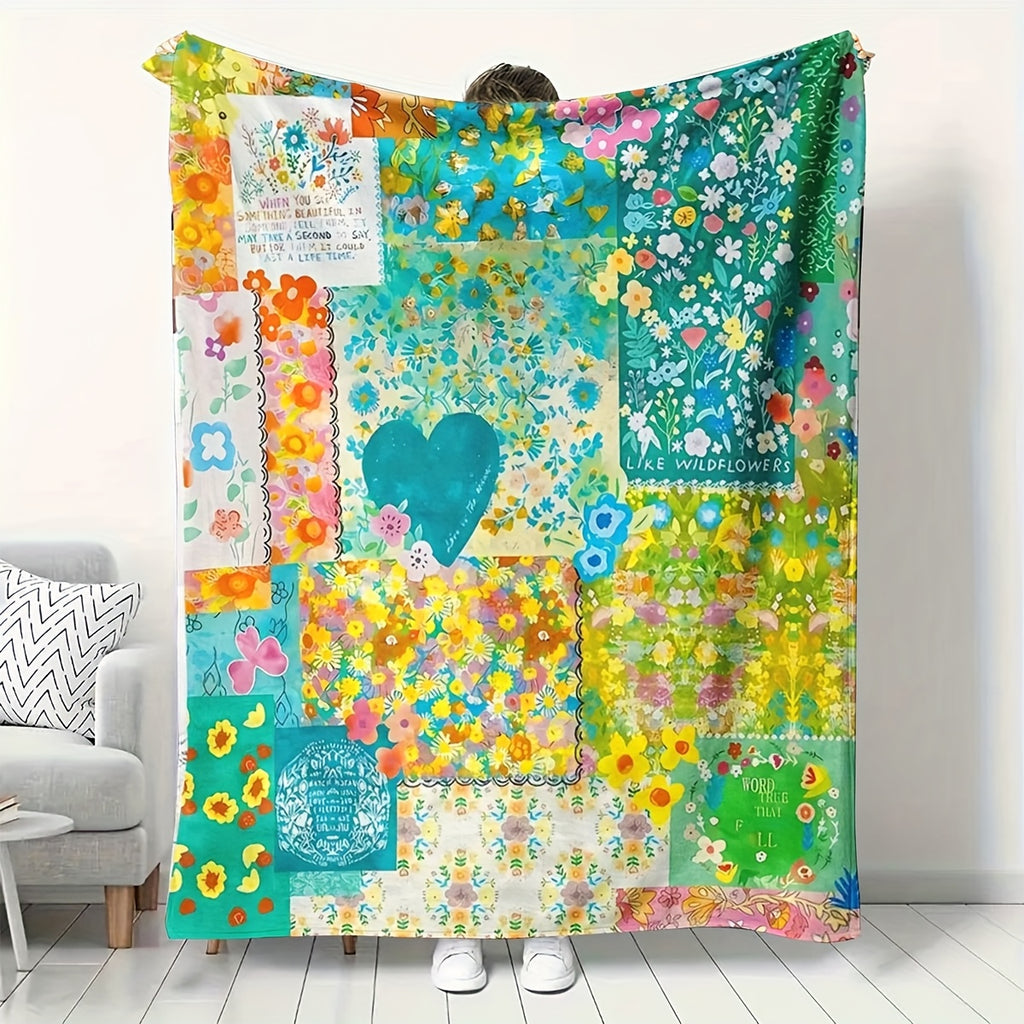 Aonana Secret Garden Vintage Floral Patchwork Flannel Throw Blanket