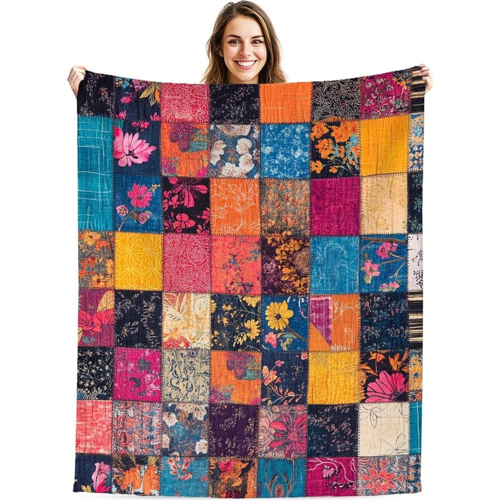 Aonana Secret Garden Vintage Floral Patchwork Flannel Throw Blanket
