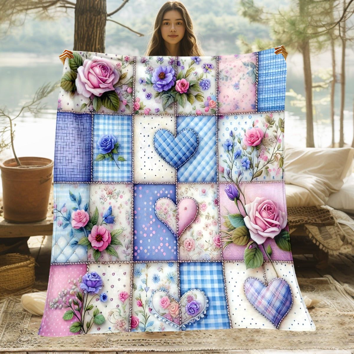 Aonana Secret Garden Vintage Floral Patchwork Flannel Throw Blanket