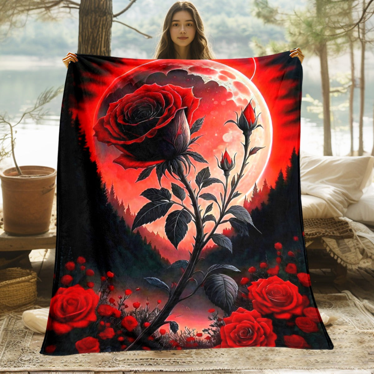 Aonana Fantasy Rose Moon Flannel Throw Blanket