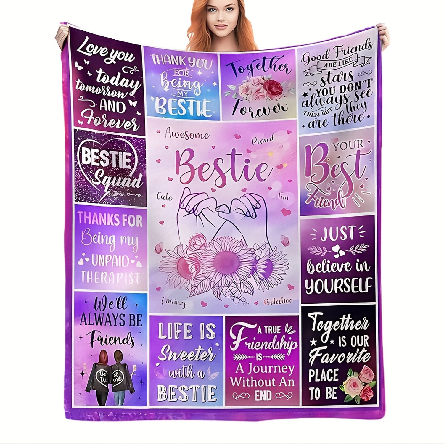 Aonana "To My Bestie" Floral Hearts BBF Gift Flannel Throw Blanket