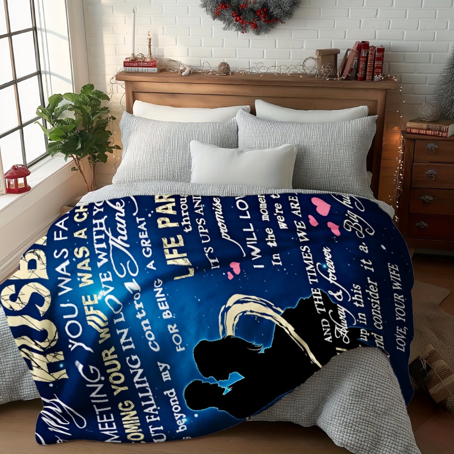 Aonana “To My Husband” Hearts & Couple Flannel Throw Blanket