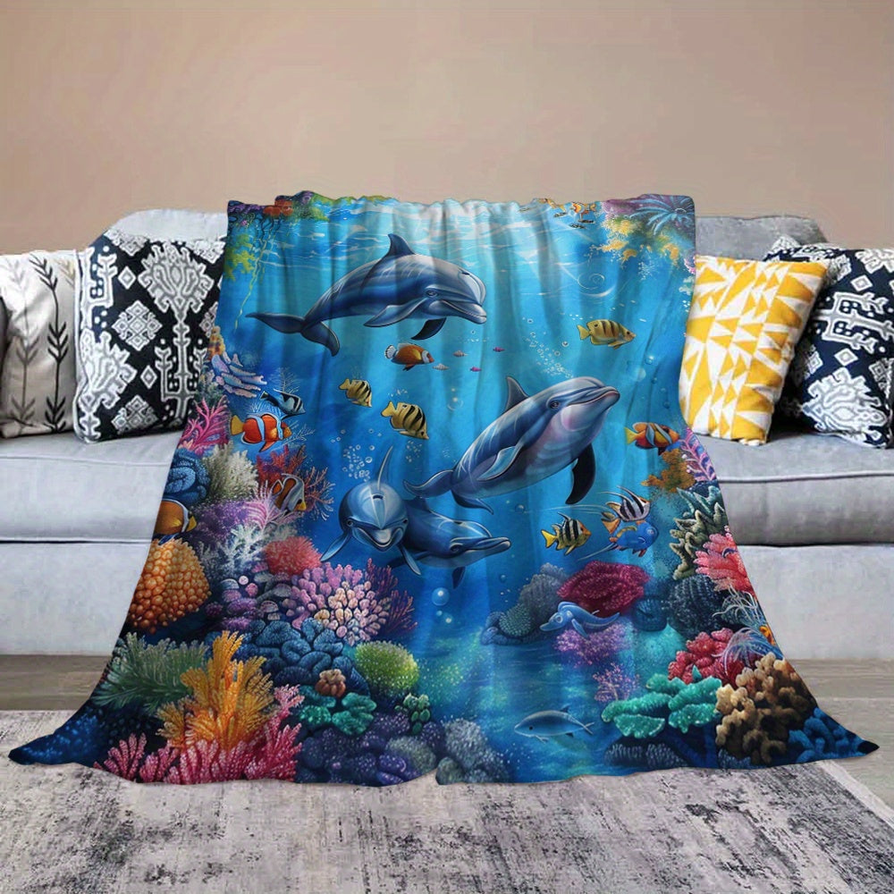 Aonana Ocean Coral Dolphin Cozy Flannel Blanket