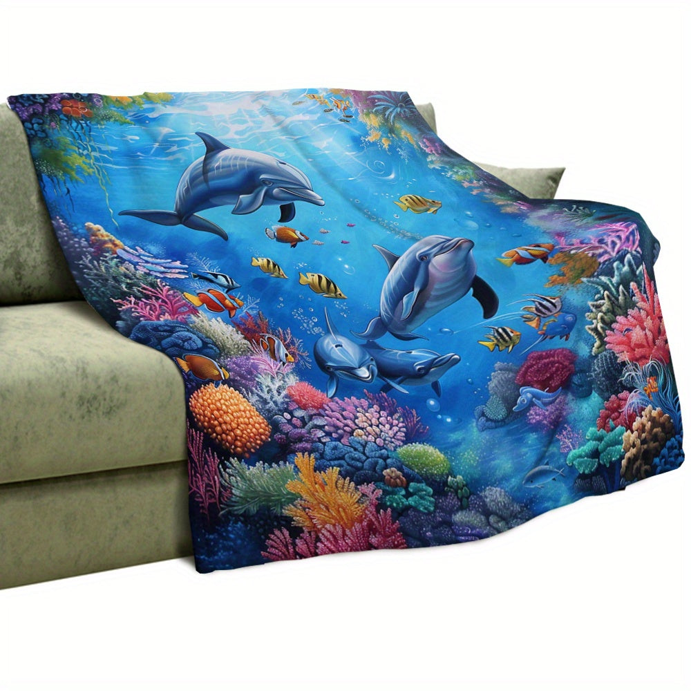 Aonana Ocean Coral Dolphin Cozy Flannel Blanket
