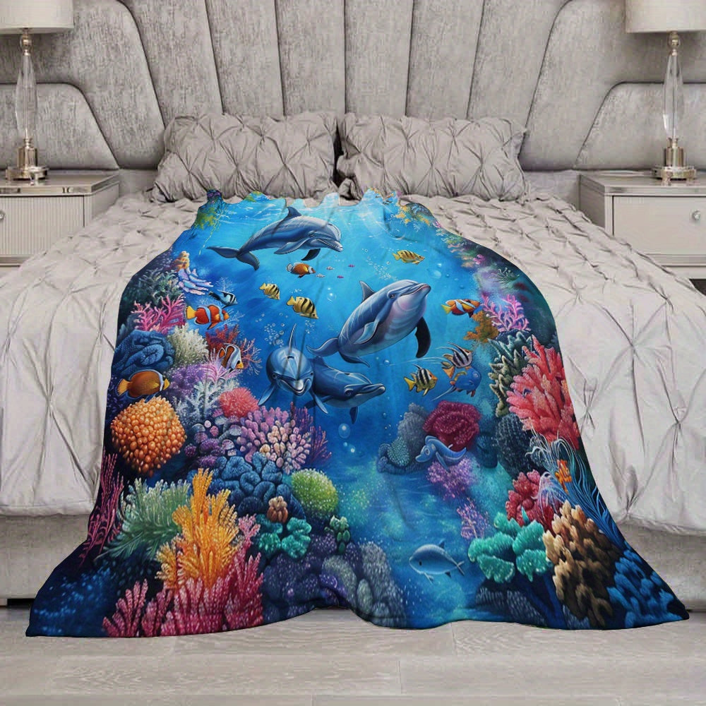 Aonana Ocean Coral Dolphin Cozy Flannel Blanket
