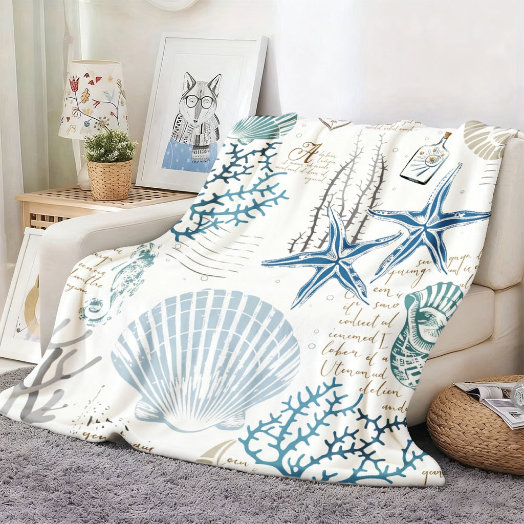 Aonana Ocean Starfish and Seashell Cozy Flannel Blanket
