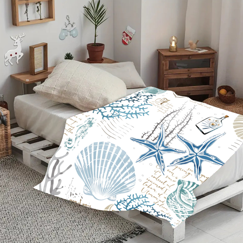Aonana Ocean Starfish and Seashell Cozy Flannel Blanket