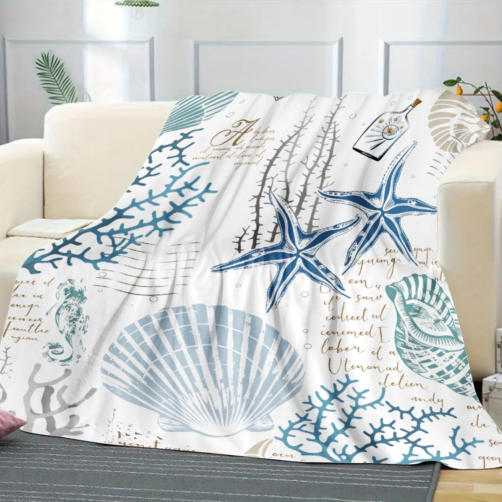 Aonana Ocean Starfish and Seashell Cozy Flannel Blanket