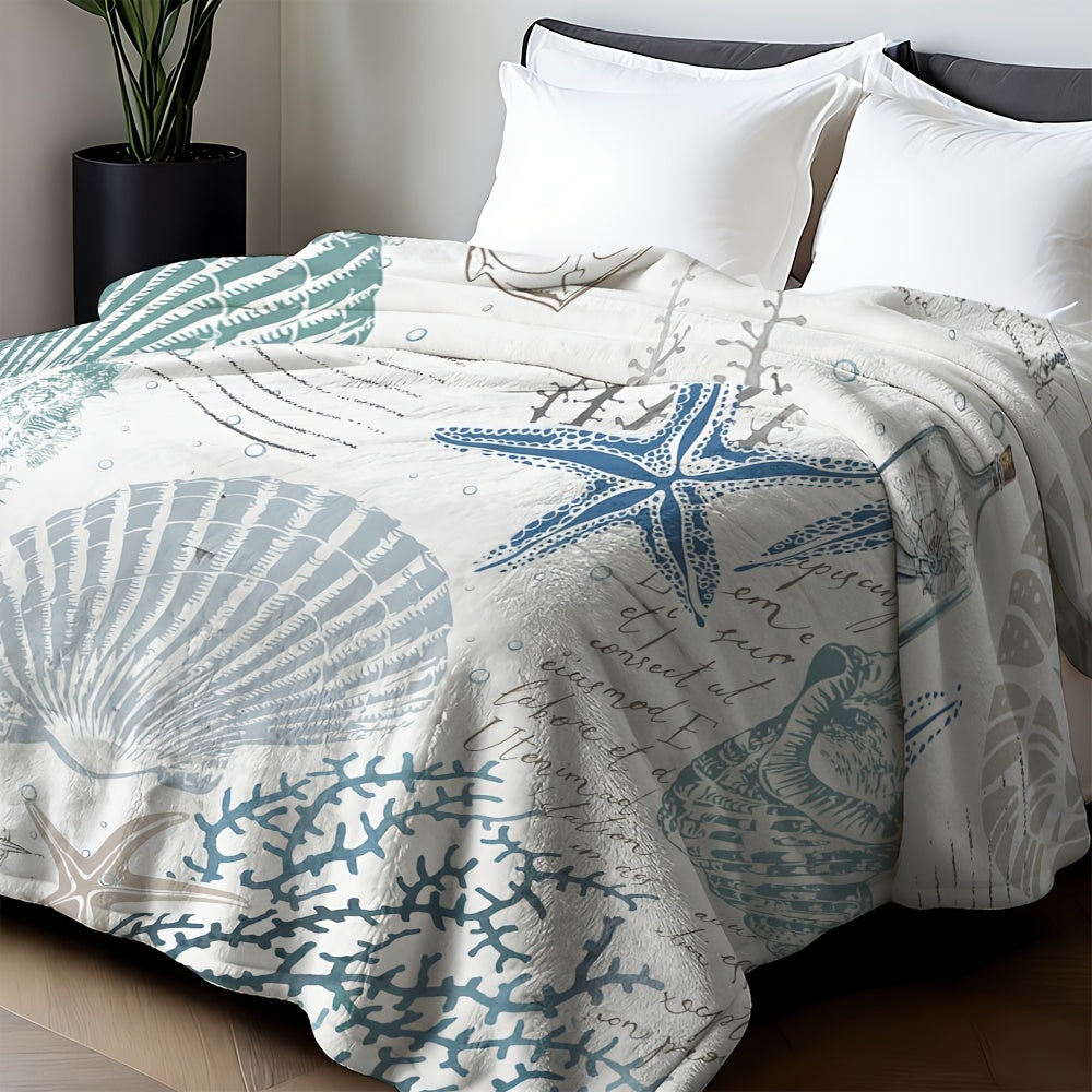 Aonana Ocean Starfish and Seashell Cozy Flannel Blanket