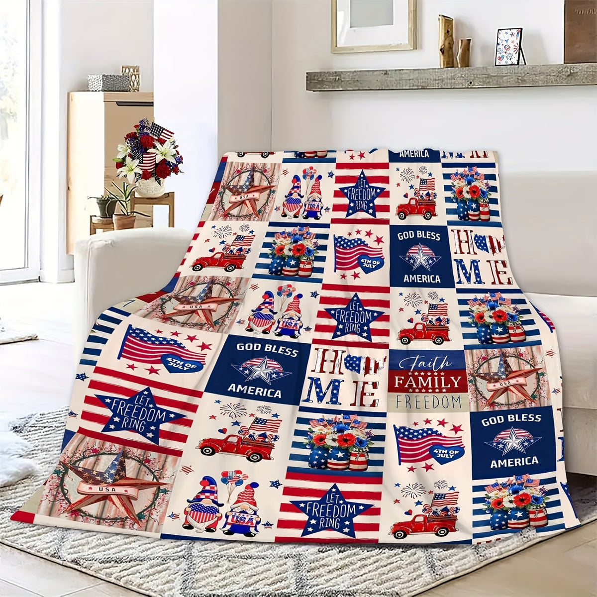 Aonana Patriotic American Flag Cozy Flannel Blanket
