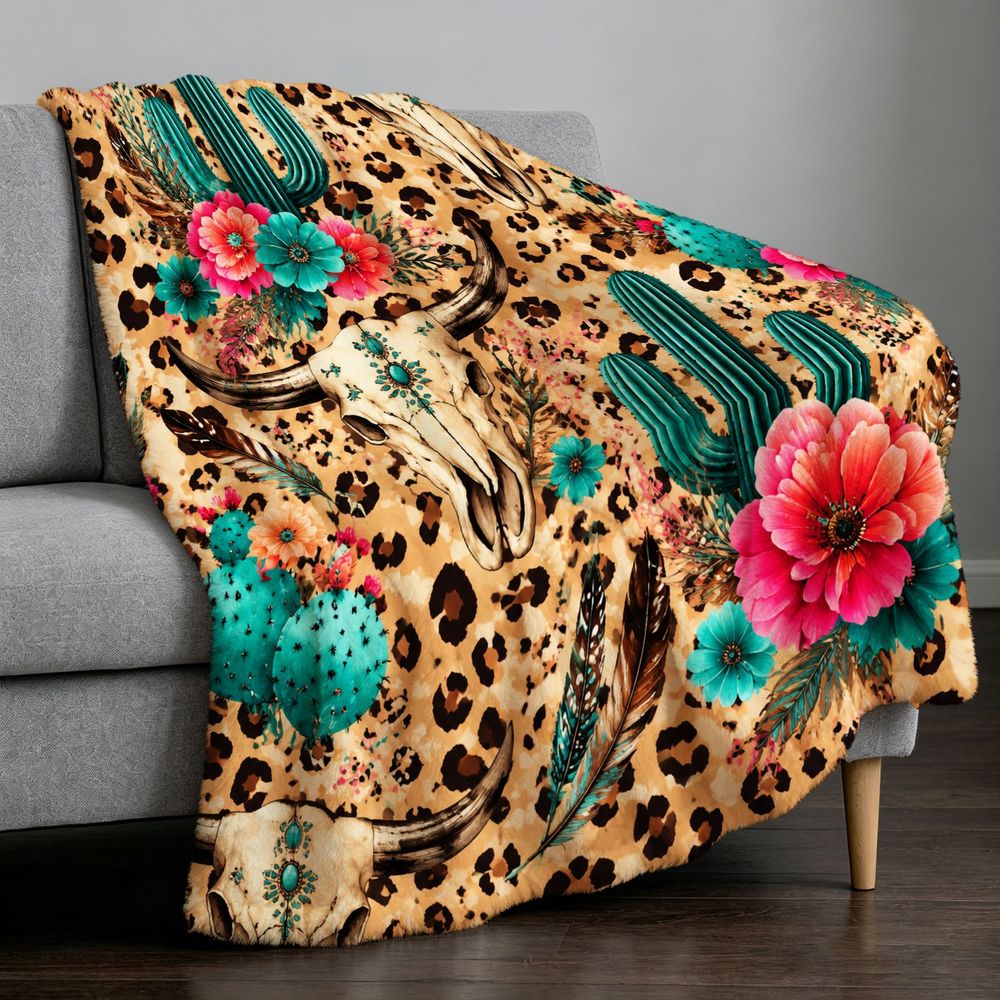 Aonana Western Boho Cow Skull Cactus Flannel Throw Blanket