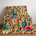 Aonana Western Boho Cow Skull Cactus Flannel Throw Blanket