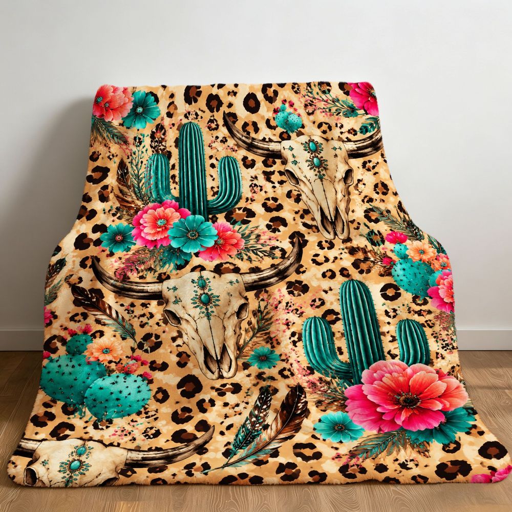 Aonana Western Boho Cow Skull Cactus Flannel Throw Blanket