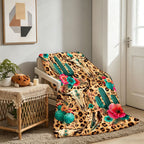 Aonana Western Boho Cow Skull Cactus Flannel Throw Blanket