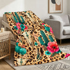 Aonana Western Boho Cow Skull Cactus Flannel Throw Blanket