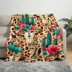 Aonana Western Boho Cow Skull Cactus Flannel Throw Blanket