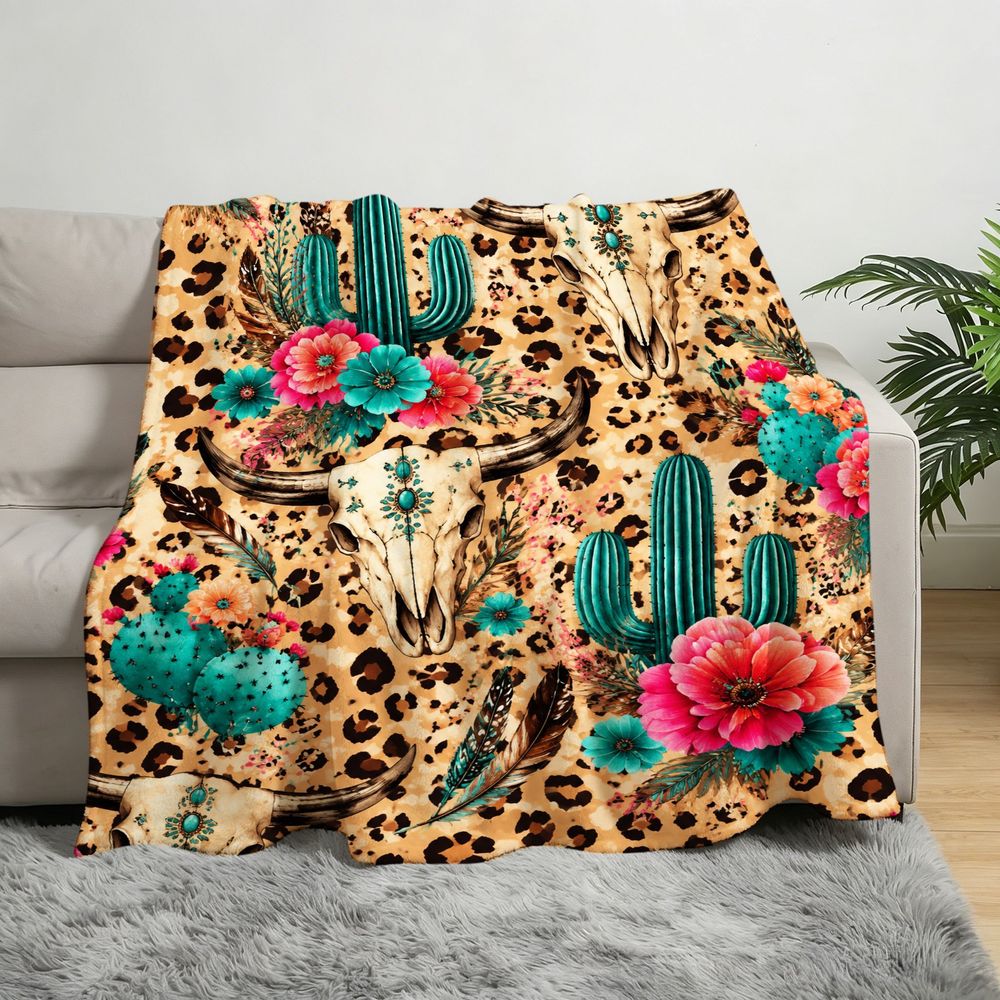 Aonana Western Boho Cow Skull Cactus Flannel Throw Blanket