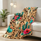 Aonana Western Boho Cow Skull Cactus Flannel Throw Blanket