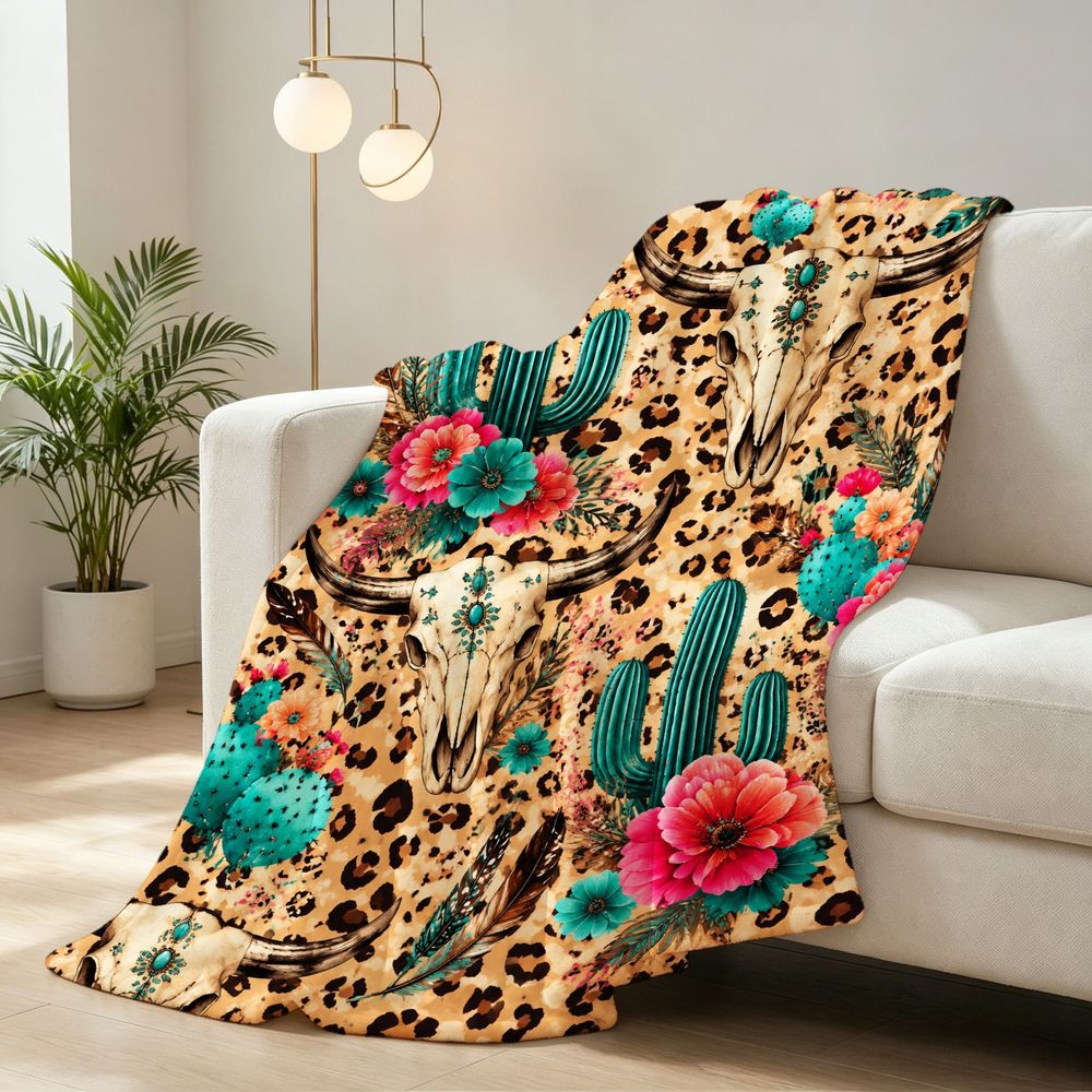 Aonana Western Boho Cow Skull Cactus Flannel Throw Blanket