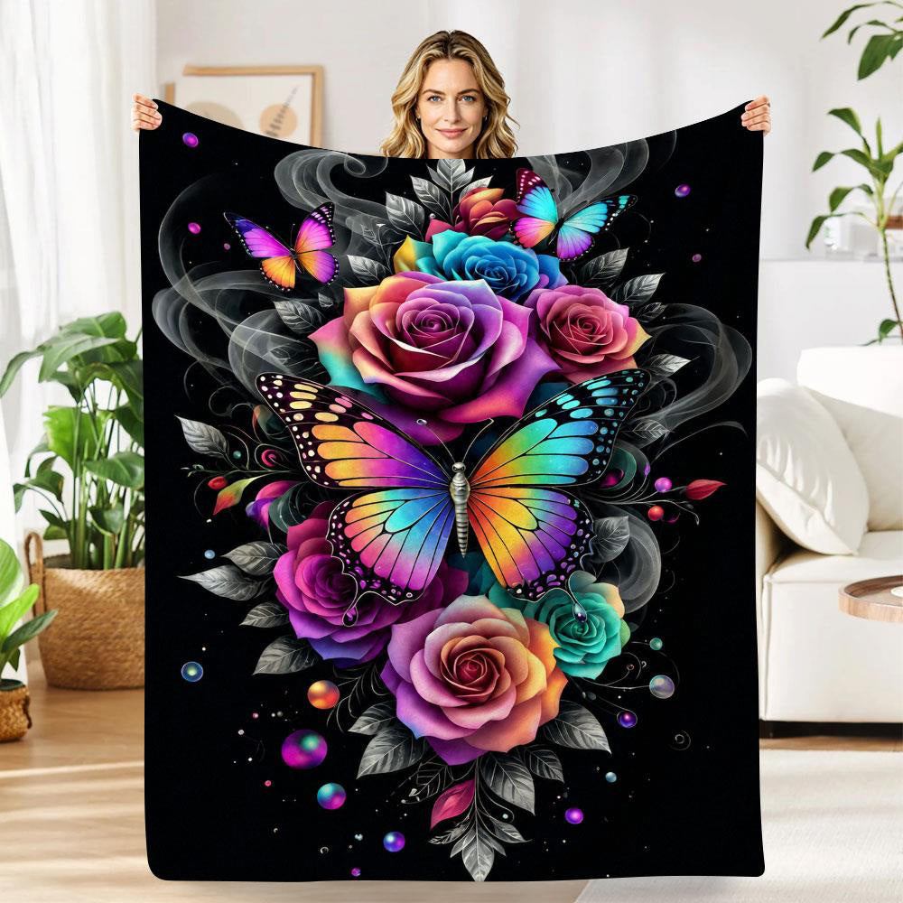 Aonana Secret Garden Butterfly & Floral Soft Cozy Flannel Throw Blanket