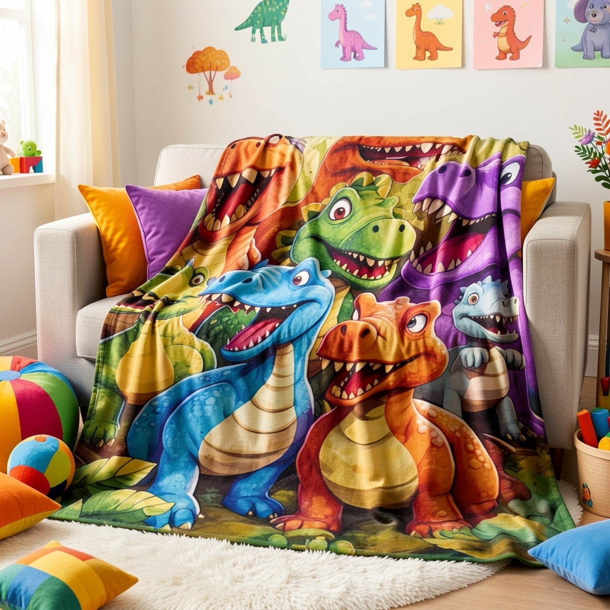 🦕【Cute Dinosaur Series】Cartoon Dinosaur Flannel Blanket for Kids Cute Gift for Boys & Girls