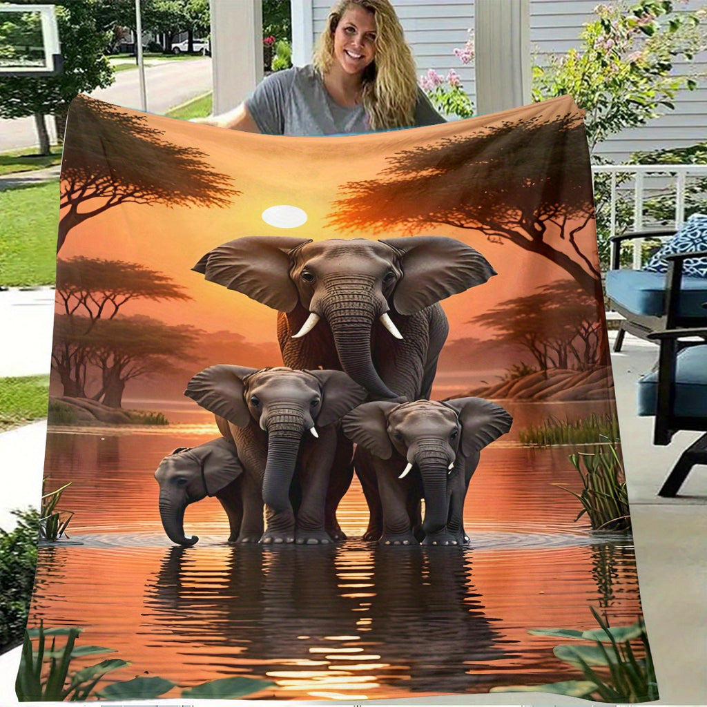 Aonana Elephant Sunset Trees Flannel Throw Blanket