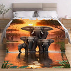 Aonana Elephant Sunset Trees Flannel Throw Blanket